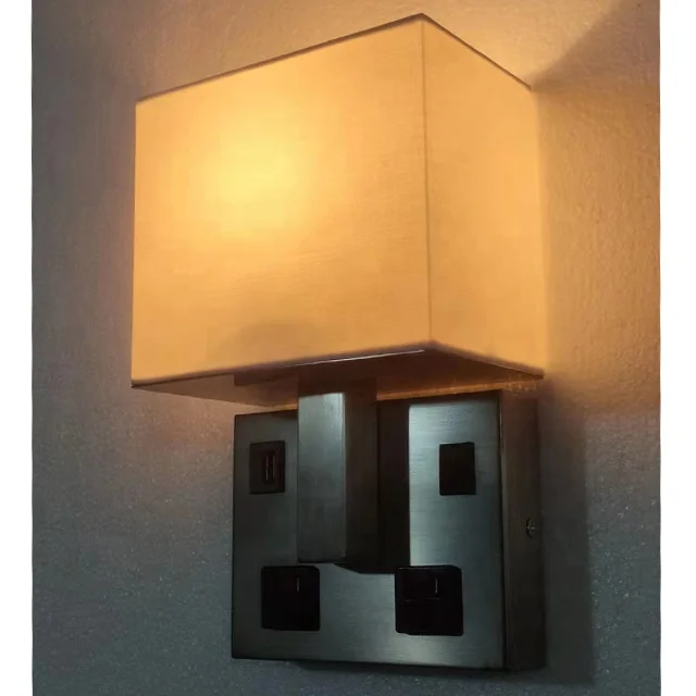 Customized Brushed Nickel Wall Sconce plug-in wall lamp with USB charging port modern hotel bedside lamp