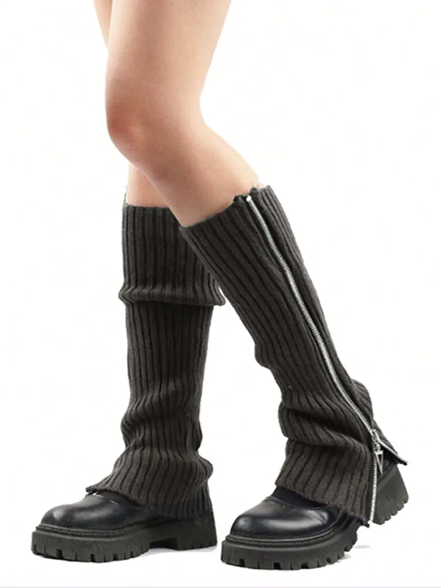 Korean Style Winter Thigh High Socks With Zippers Knitted Leg Warmers For Women
