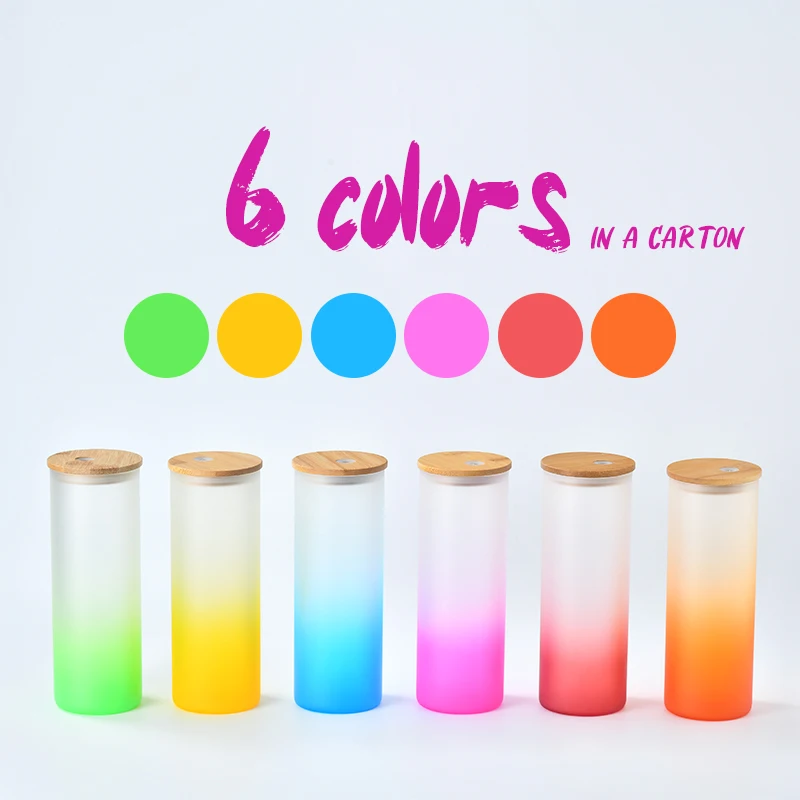 USA WAREHOUSE 16oz Frosted Beer Can Shaped Soda Gradient colorful Glass glass can with bamboo lid and straw