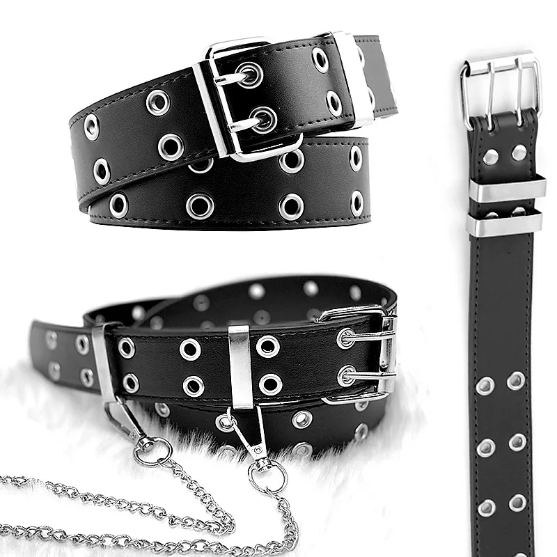 Punk Studded Holes Black Belt Double Grommet Belt Leather Punk Waist Belt with Detachable Chain for Women Jeans Dresses