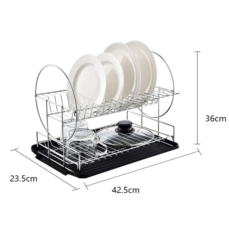 Stainless Steel Dish Drainer Plate Rack 2 Tier Dish Drying Rack with Removable Cutlery Cutting Board Holder for Non-folding Rack