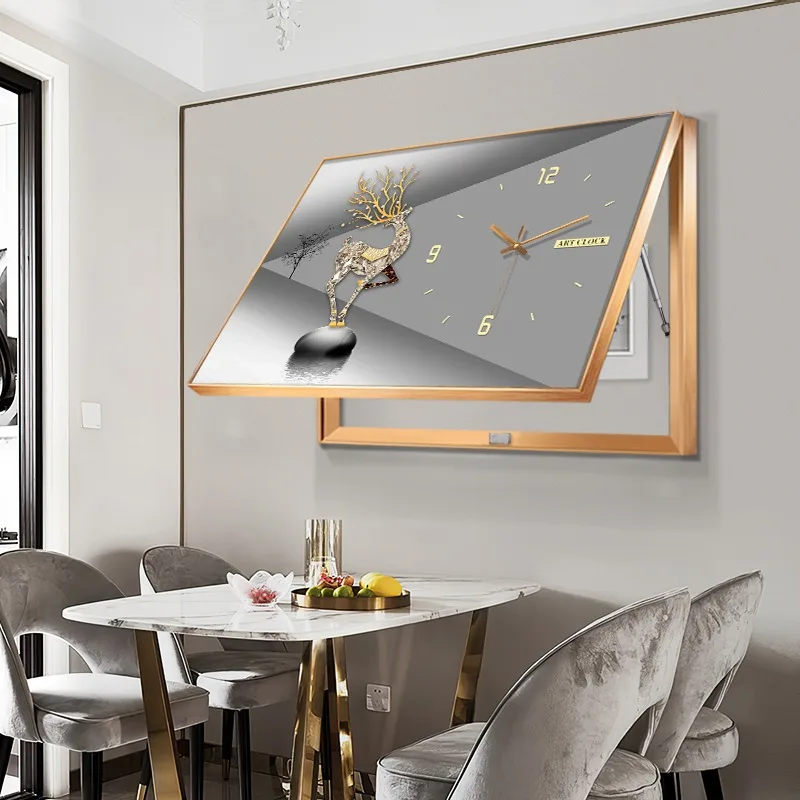 Nordic Home Decor Punch-Free Framed Distribution Box Wall Art with clock Abstract deer Print Electric Box Shielding Painting