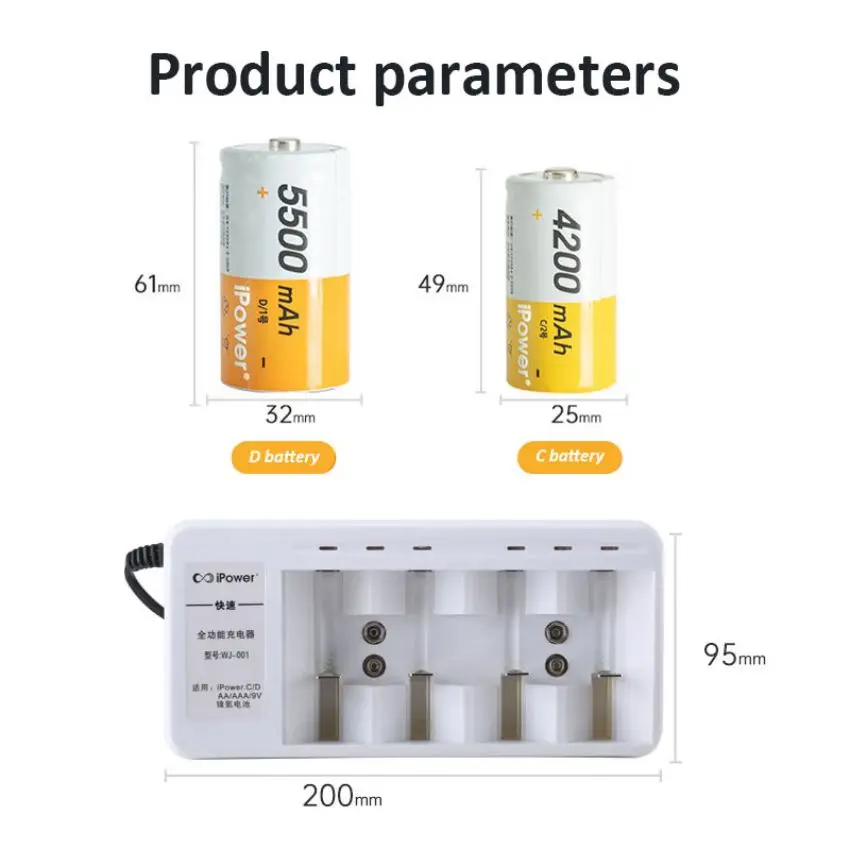Заводские перезаряжаемые D-элементы 5500 мАч 1 2 В Ni-MH высокой емкости D-размер батареи d Размер 8000 nimh зарядное устройство