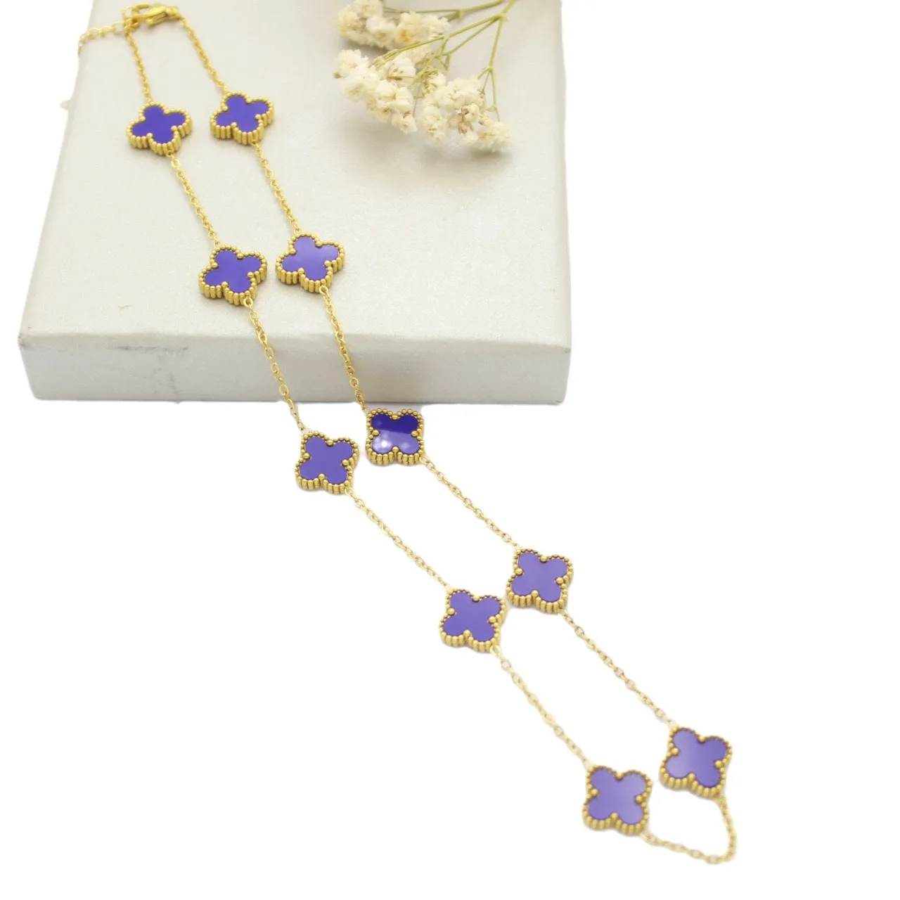 Titanium Steel 10 Flower Sweater Chain Non-fading Double Sided Four-leaf Clover Necklace 65cm Forest Series Long Chain Necklace