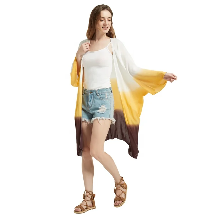 New Fashion Designed Casual Yellow Tie Dye Viscose Chiffon Kimono Shirt Blouse Beach Japanese Plus Size Tops Kimono Blouse