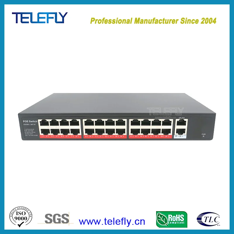 100MB/S 24 Port Poe Switch with 2 Gigabit RJ45 Ethernet Ports Optional 1 SFP, Poe Budget 250W/400W