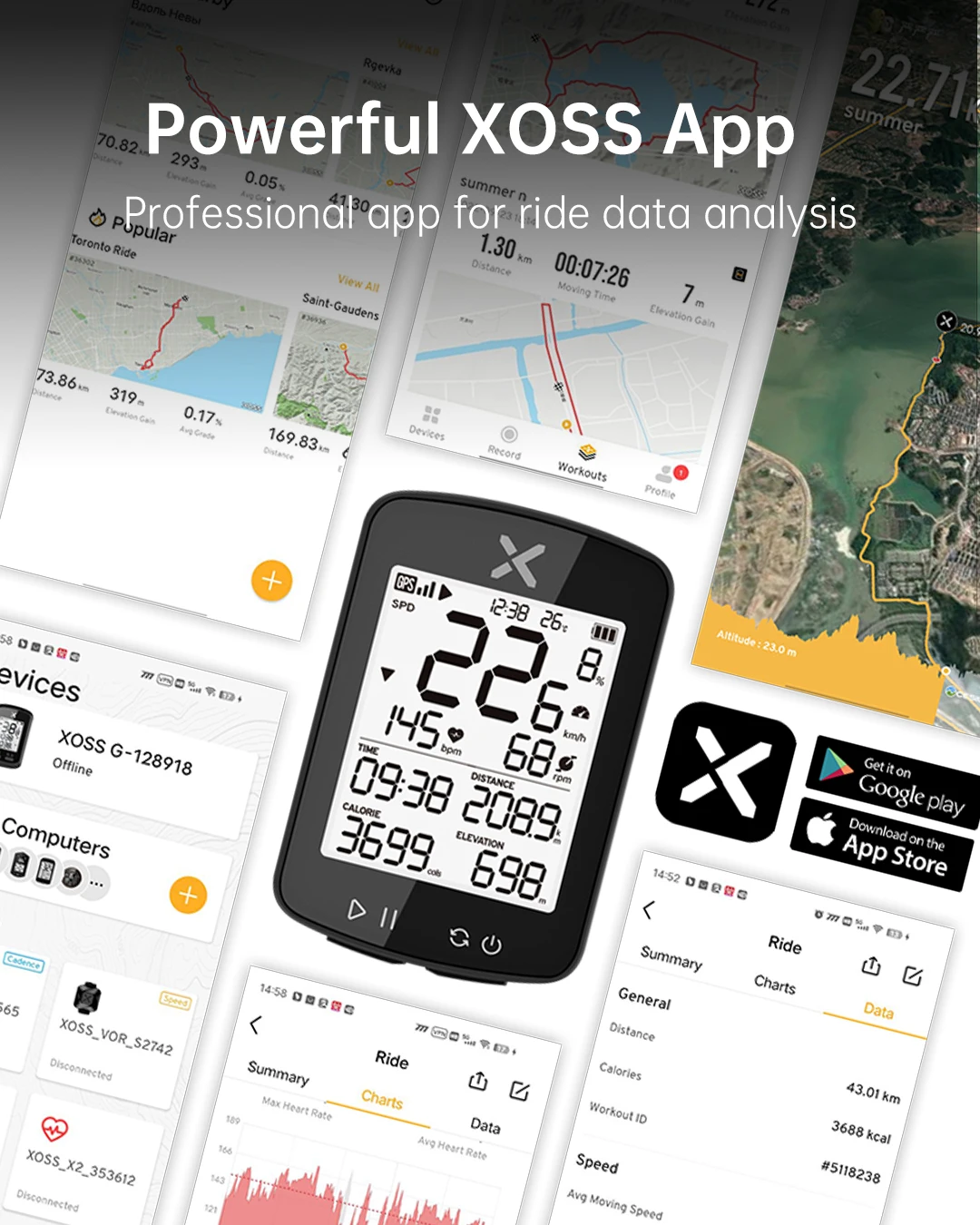 XOSS Sport Set for Road Bike Front Light & HR Sensor Monitor Bicycle Computer Mount for Fitness Riding Smart Bicycle Computer