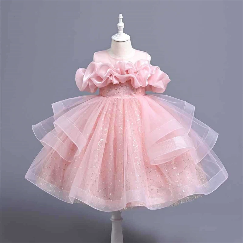 Children Girls Sequin Ball Gown Princess Piano Performance Clothes Dress Toddler Baby Girls Birthday Puffy Dresses