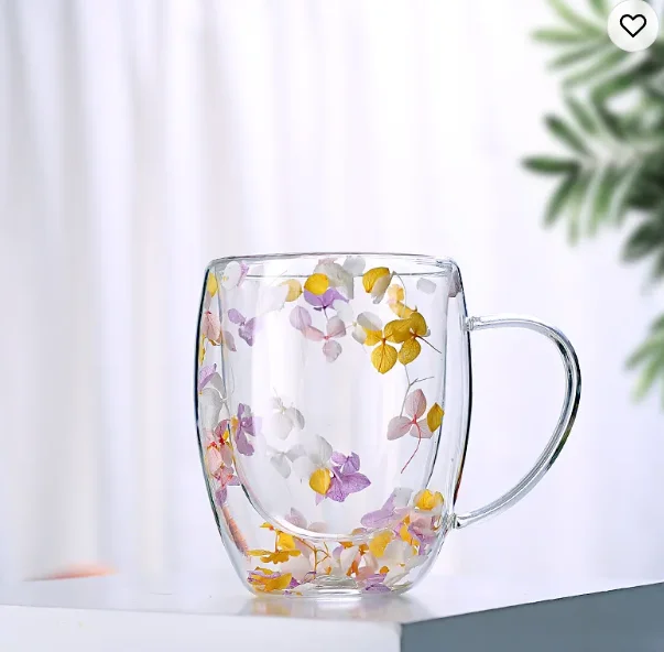 Coffee Glass Cup Mug Design Hot Sale Double Wall Insulated Borosilicate New with True Flowers Inside Aluminum Customized CLASSIC