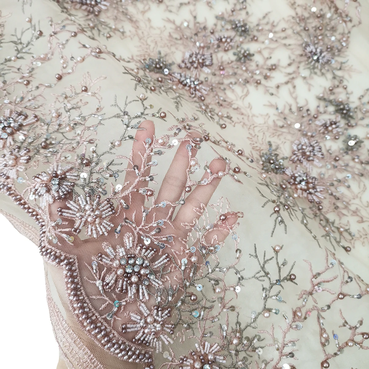 Новый дизайн, высокое качество, блестки, бусины, ручная работа, кружевная ткань, французское красивое вышитое розовое свадебное платье, тюль, Сетчатый текстиль