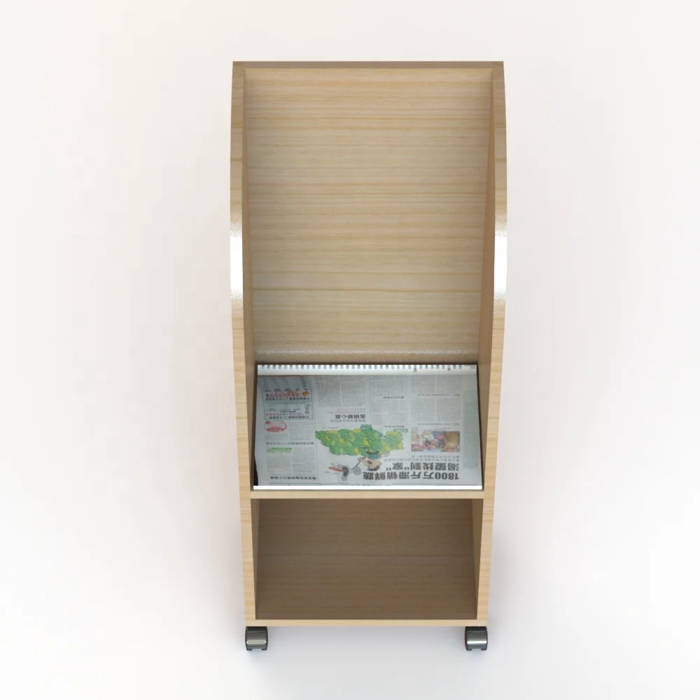 Wooden Maple Newspaper Display Racks 2 Shelves MDF Floor Literature Display Stand with caster