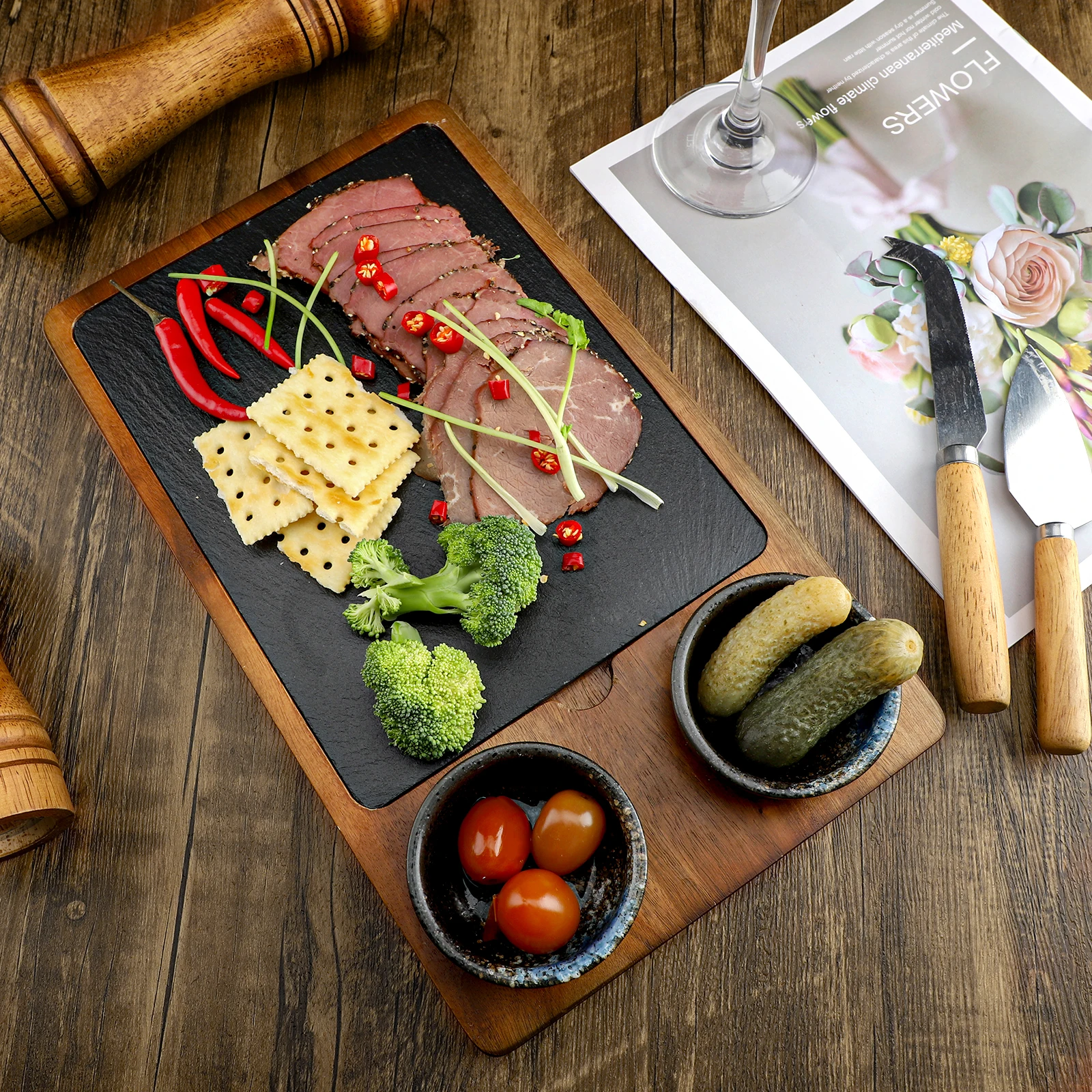 Factory direct wholesale tableware natural slate wood food tray set hotel restaurant cater wooden serving board