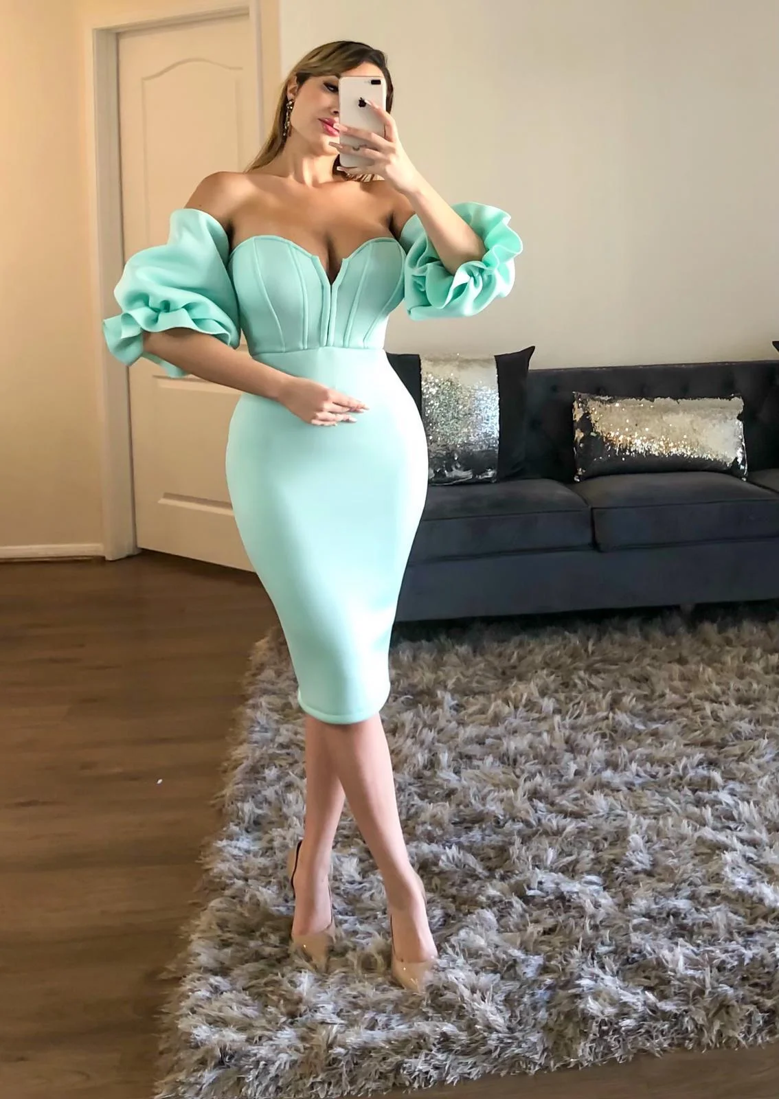 New Years Evening Dress Knee Length Ruffle Sleeve Casual Party Bandage Dresses Women