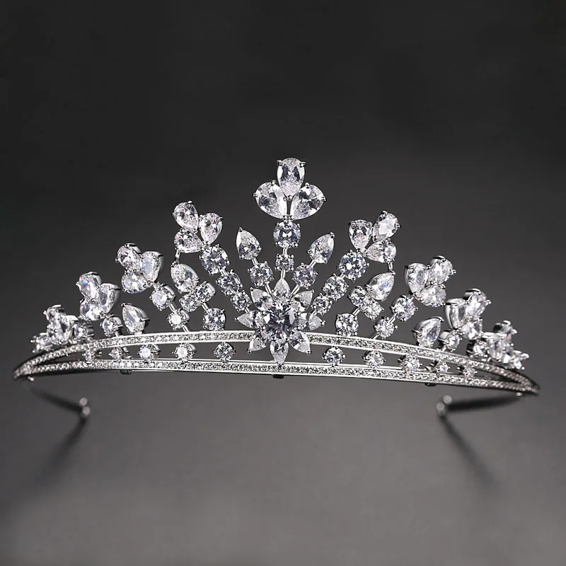 SLBRIDAL Copper Alloy Micro Pave Cubic Zircon Wedding Tiara Headband Bridal Queen Princess CZ Crown Bridesmaids Women Jewelry