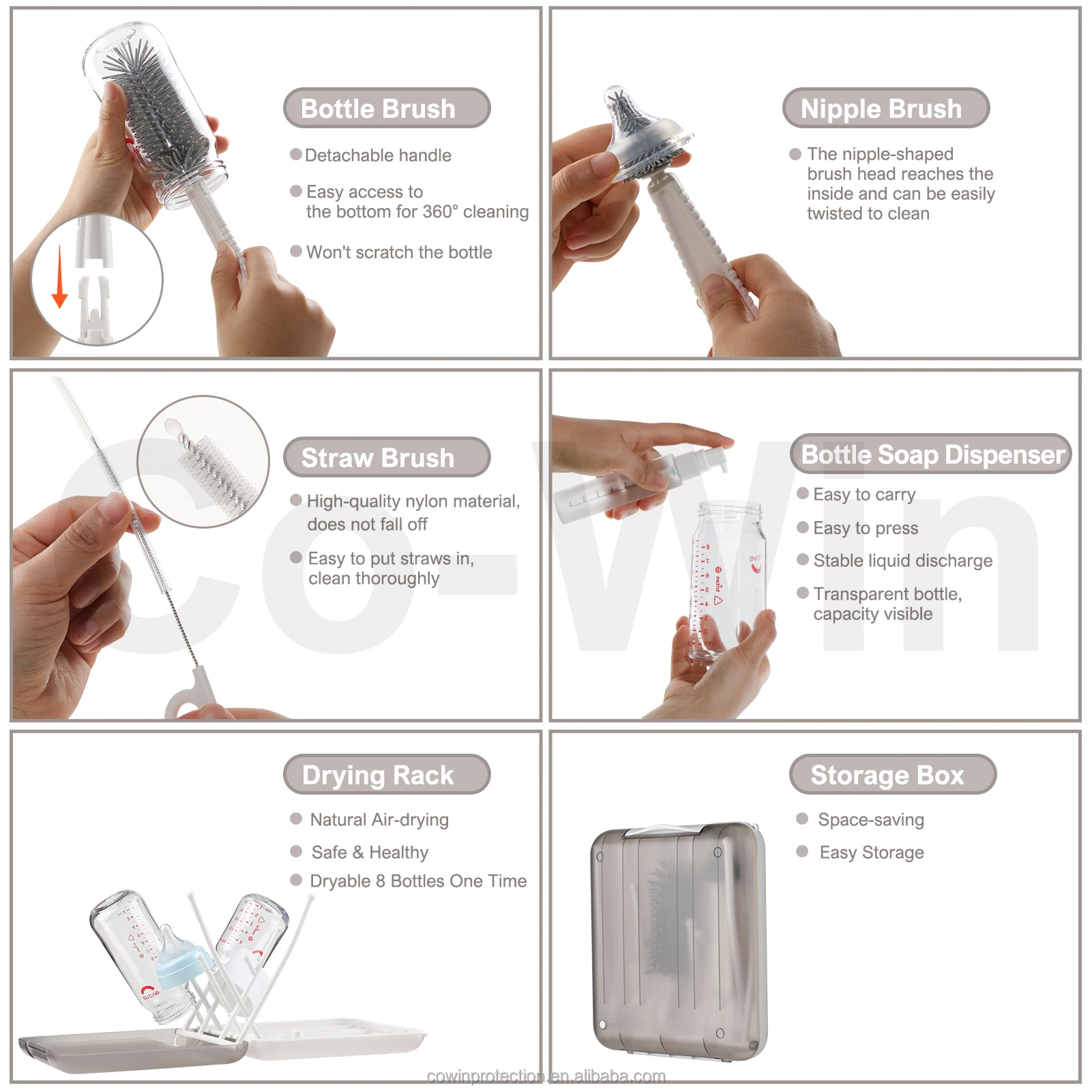 Patented products 6 in 1 silicone baby bottle brush cleaner set baby bottle drying rack holder for hands free feeding