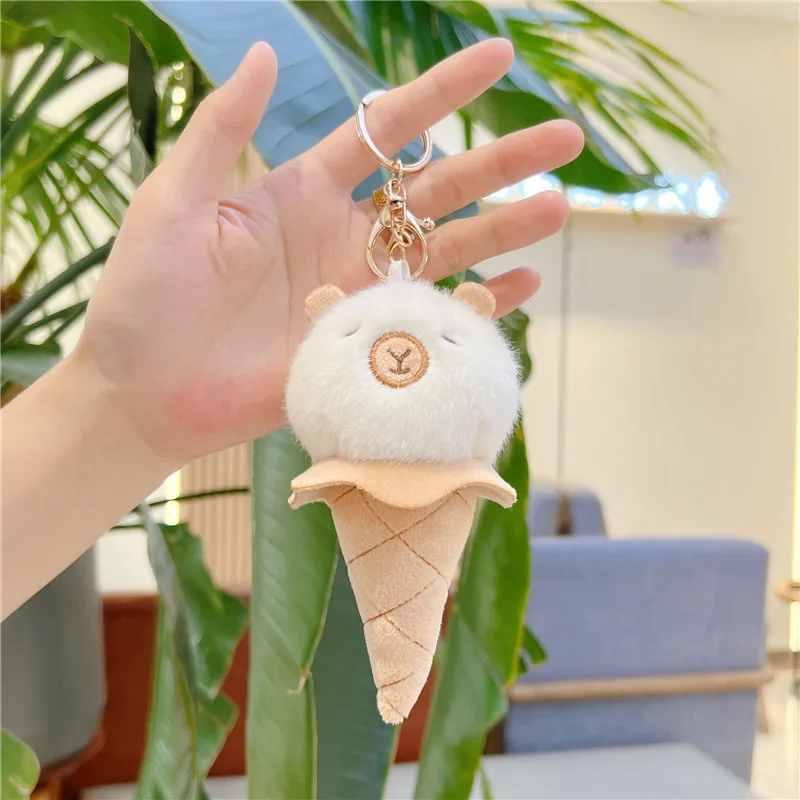 Creative 14CM Ice Cream Capybara Plush Dol keychain Toys Food Keychain kawaii Soft Stuffed plush toy Bag charm Pompom keychain