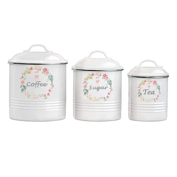 Set of 3 White Storage coffee tea sugar metal airtight Food Canister for kitchen