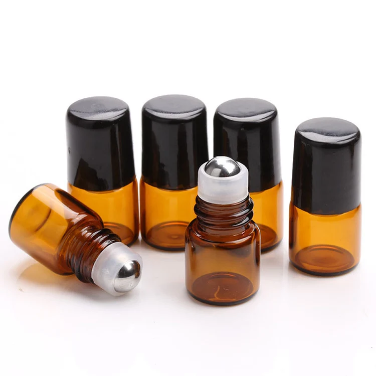 1ml 2ml 3ml 5ml Mini Amber Glass Essential Oil Roll on Bottle For Perfume with Stainless Steel Roller Ball Black Caps