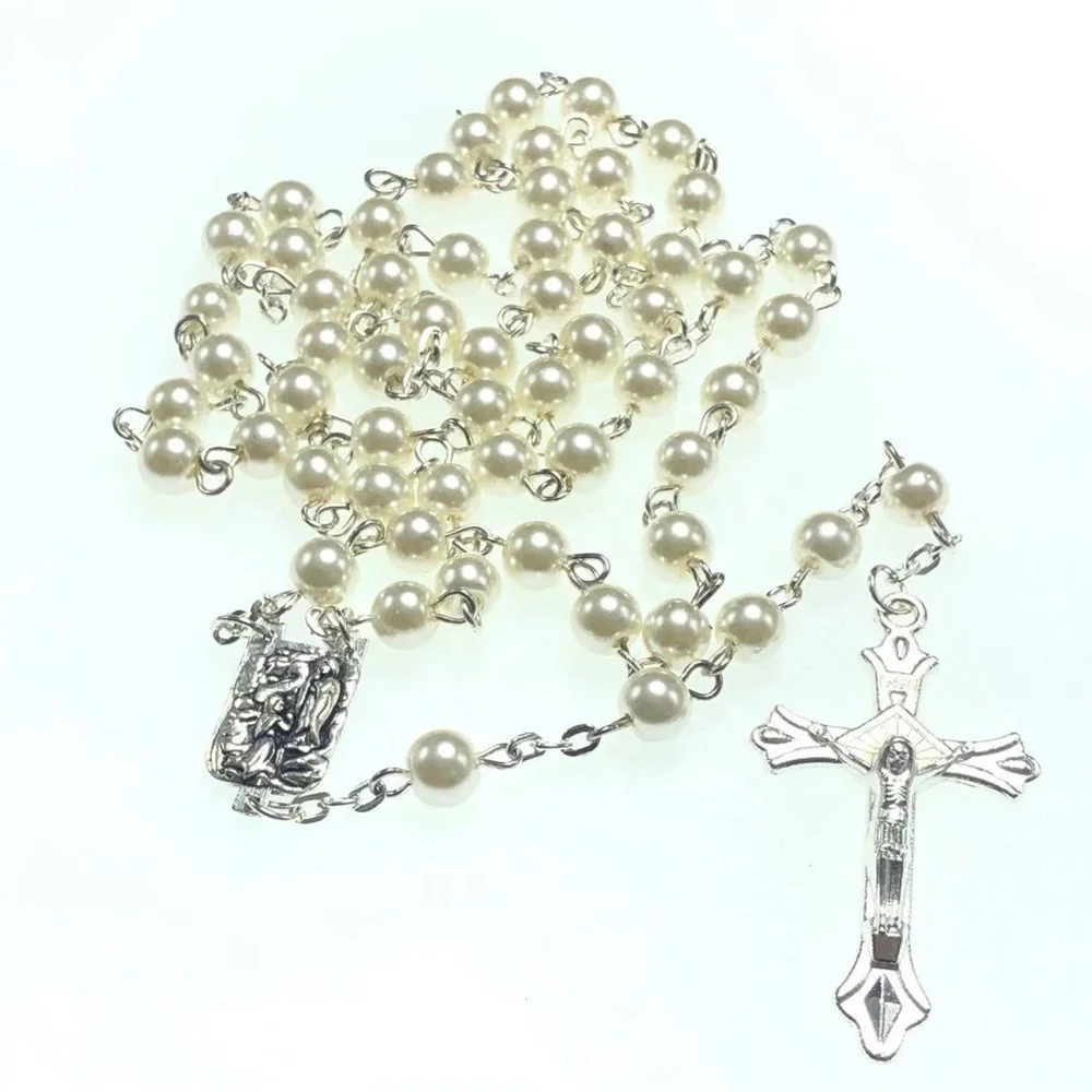 6mm Red Color Glass Pearl Beads with Coral Rose Beads Rosary with Louders Center Piece and Crucifix