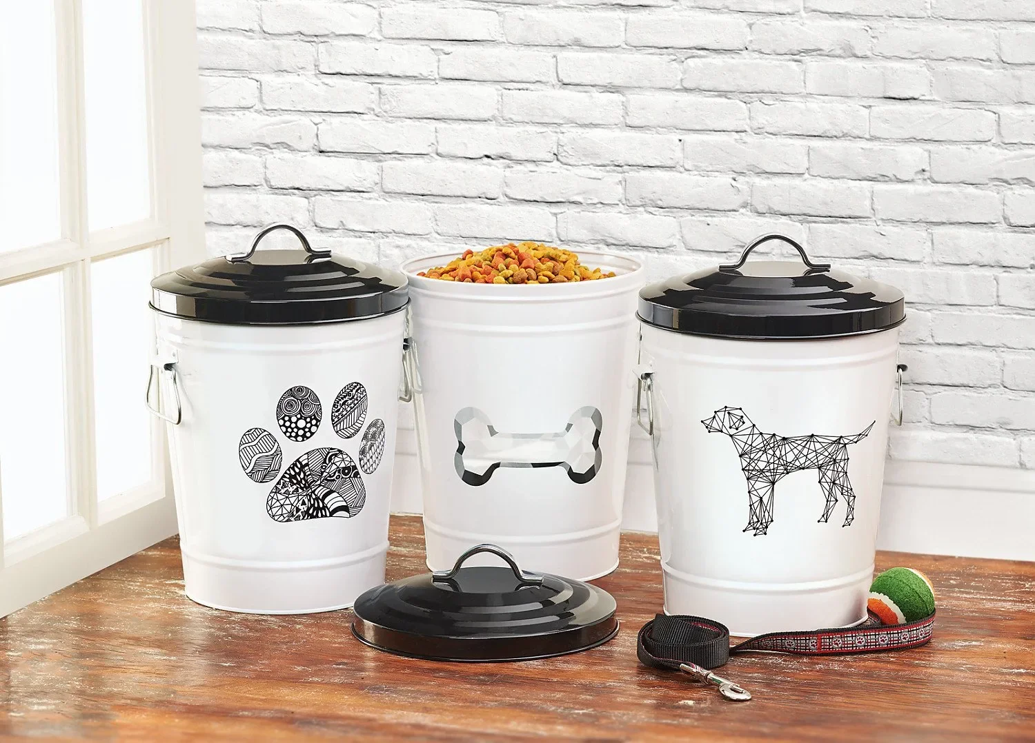 customized Galvanized Metal large capacity round Shape Pet Food Container Dog Food Storage box Pet Treat Jar With Lip