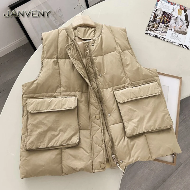 JANVENY 2022 New Winter V-neck Single Breasted Down Vest Women Elegant Wide Shoulder Pockets Stand Collar Loose Puffer Waistcoat