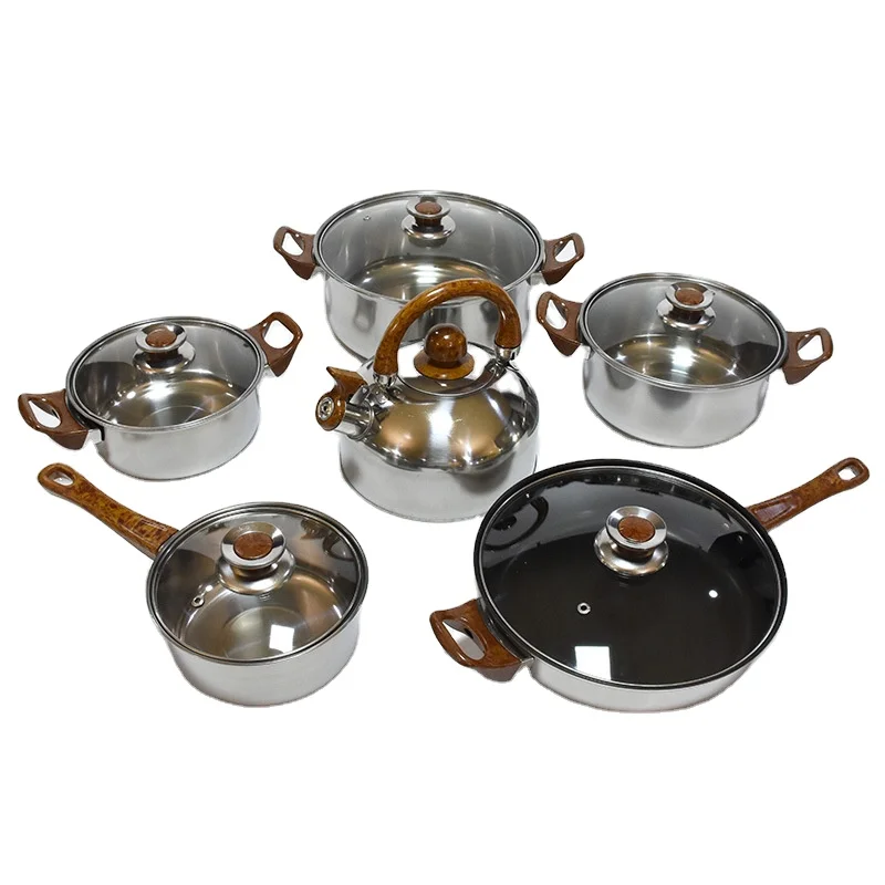 12pcs kitchen pots kettle and nonstick pans glass lid cooking stainless steel cookware sets