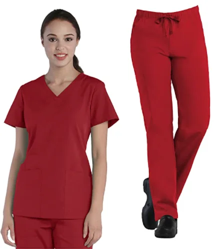 Green Women Scrub Uniforms Set V-Neck Shirt And Full Elastic Multi Pocket Cargo Pants