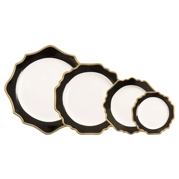 New arrival luxury gold dinner plates irregular dinnerware wedding black ceramic charger  plates with gold rim