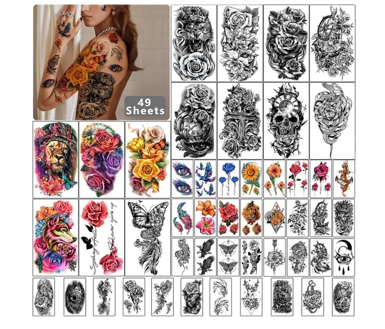 49 sheets Large Flowers Skull Waterproof Temporary Tattoos for Women and Girls, Realistic Tiger Wolf Bird Temporary Tattoo