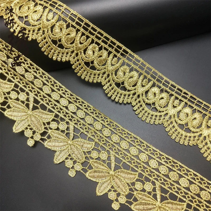 High Quality Luxury Gold Lace Trim Water Soluble Embroidery Floral Lace Ribbon Fabric for Wedding Dress Clothes Decoration