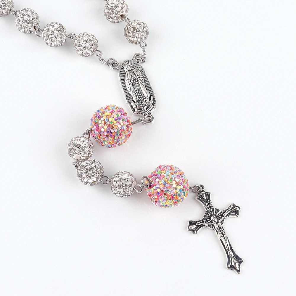 Custom Rosary Necklace six layers high quality Rhinestone Ball beads Necklace 16mm Multi-colored Rhinestone Round Beads necklace