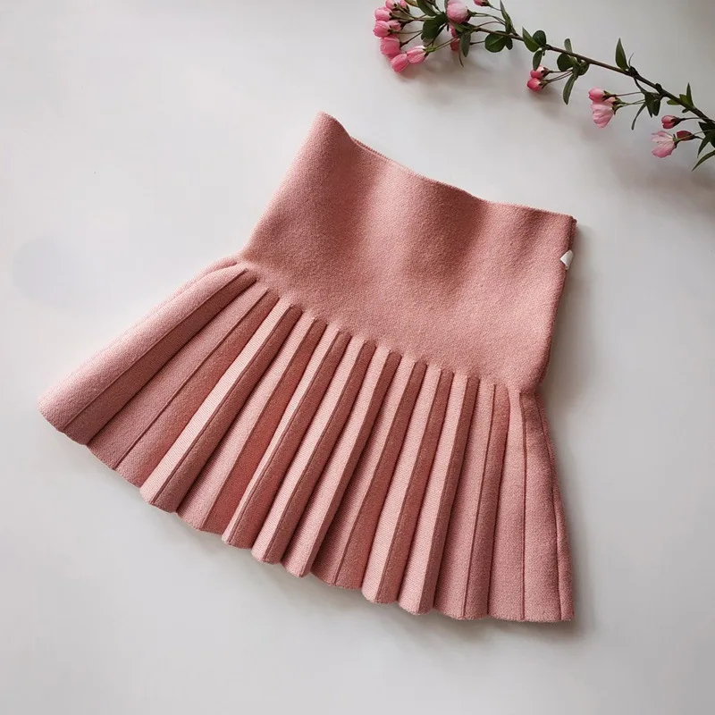 2024 Spring Autumn Children Girl High Waist Solid Knitted Pleated Skirt 4-9 Years