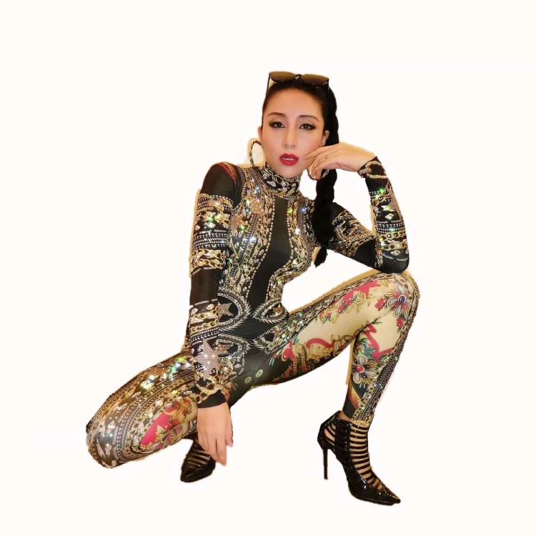 
Jazz Sexy Rhinestones Black Silk Dance Outfits For Women Black Bling Diamond Jumpsuit 