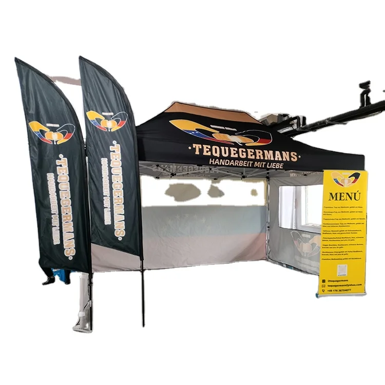 Sunshine outdoor 6x3 advertising easy stall up 10x20 gazebo canopy tent with window feather flag roll up banner