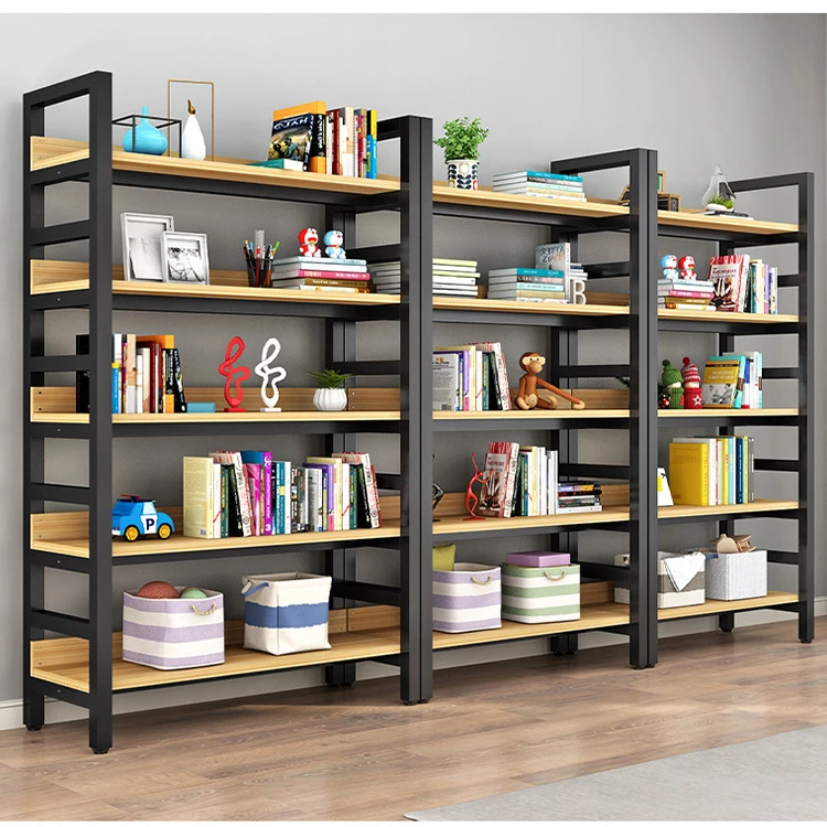Modern Style Bookcase Wooden Vintage Wood and Metal Bookshelf MDF Display Floor Standing Storage Book Shelf