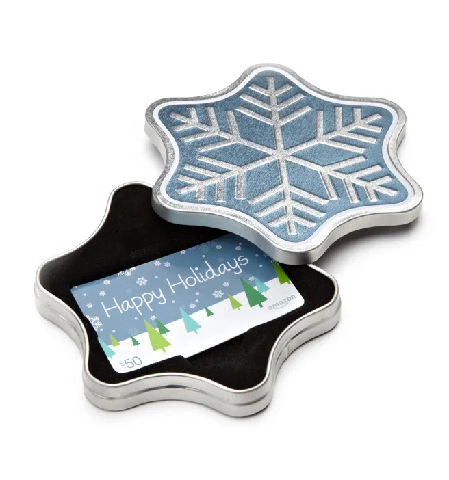Happy holidays design snowflake Tin Gift card holder metal  box with flocked tray and window
