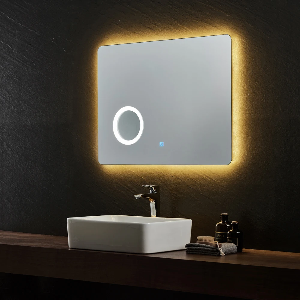 Modern Big LED Mirror With Makeup Magnifier Yellow And White Color Bathroom Anti Fog Film Mirror