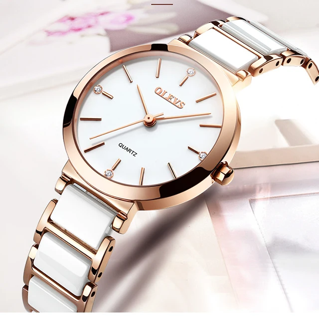 
2020 New Stylish Girls White Sport Watch Fashion Luxury Brand Gold Quartz Ladies Ceramics Bracelet Classic Women Wrist Watch 