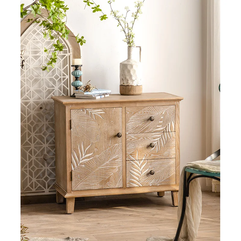 Dining Room Wood Side Cupboard Cabinets Antique Console Table Hand Carved Leaf Art Door Accent Cabinet With Shelf