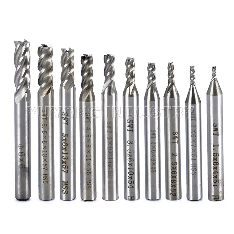 10pcs/Set HSS 4 Flute 1.5/2/2.5/3/3.5/4/4.5/5/5.5/6mm End Mill Straight Shank Router Drill Bits Woodworking Milling Cutter Tool