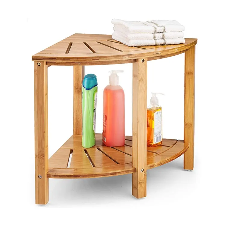 Bathroom Bamboo Corner Bath Bench Shaving Stool Non-Slip Multi-Purpose Wood 2-Tier Shower Chair Seat With Organizer Shelf
