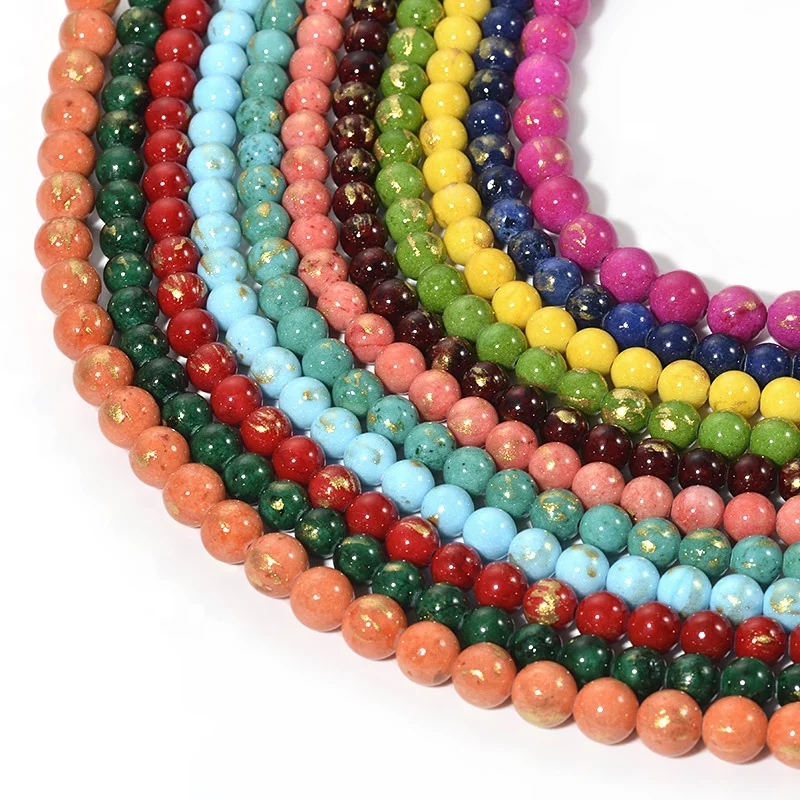 Cliobeads wholesale natural stone 6mm 8mm Gold Foil Dyed Jade Round Gemstone loose Beads For Jewelry Making
