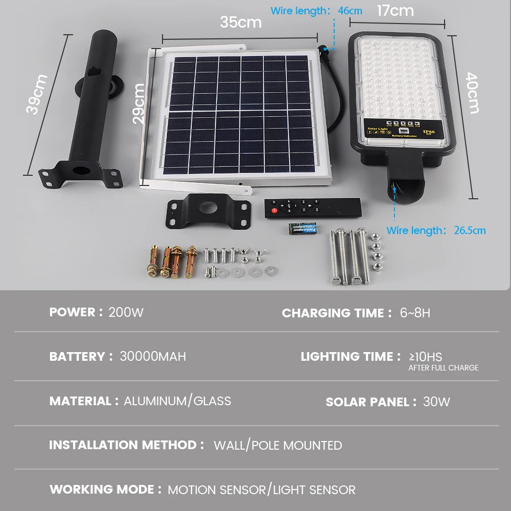 Ip66 Waterproof Outdoor Solar Street Light Motion Sensor + Remote Control 200W 30000MAH Led Solar Street Lamp White 80 Canopy