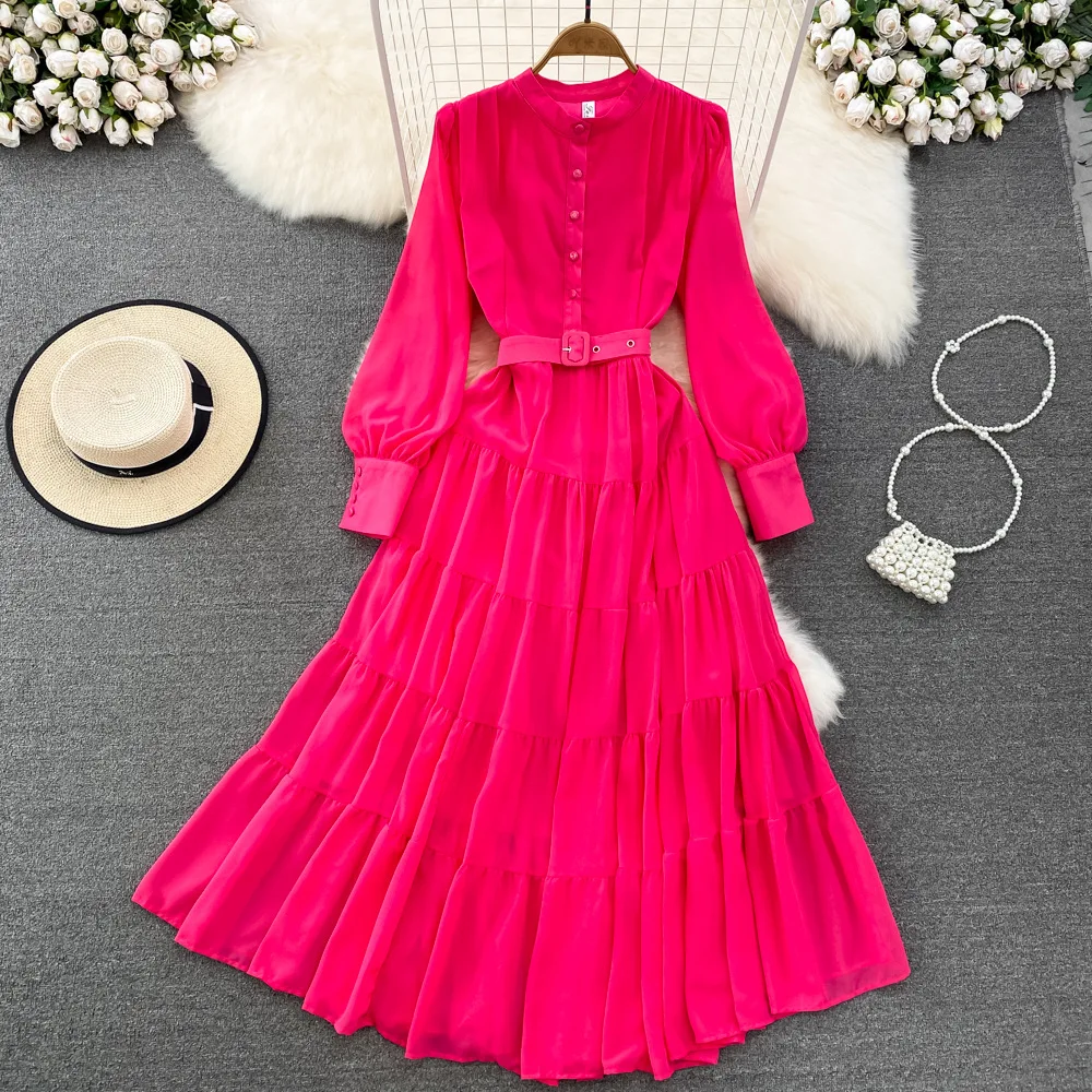 Dress Women Vintage Style Long Sleeve Round Neck Fashion A-line Ruffle Dress Elegant Large Swing Long Casual Dress