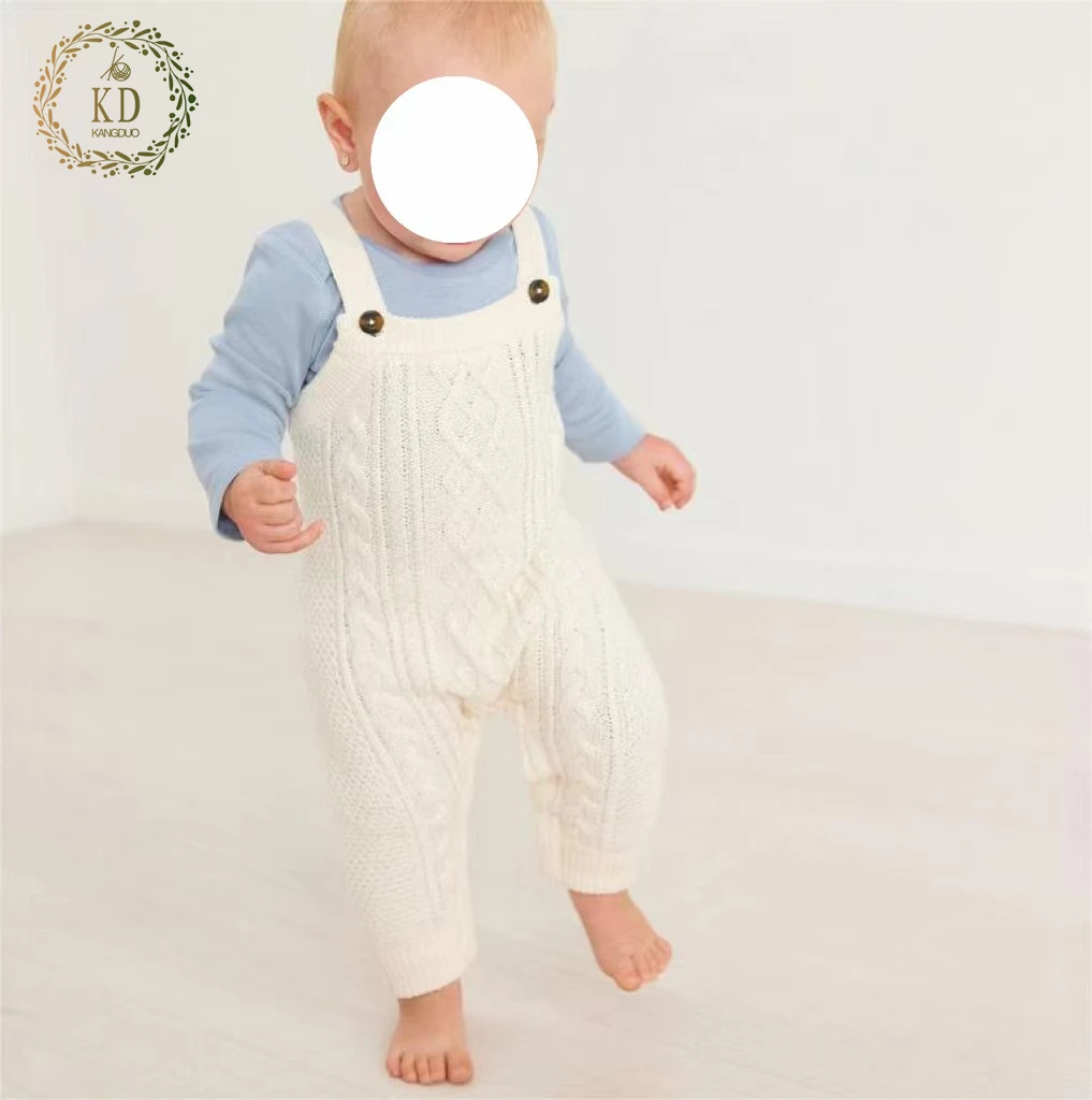 KD Knitwear Manufacturers Custom Snap Up Cable Knitted Adjustable Strap Overalls One Piece Dungaree baby Knit Romper Jumpsuit