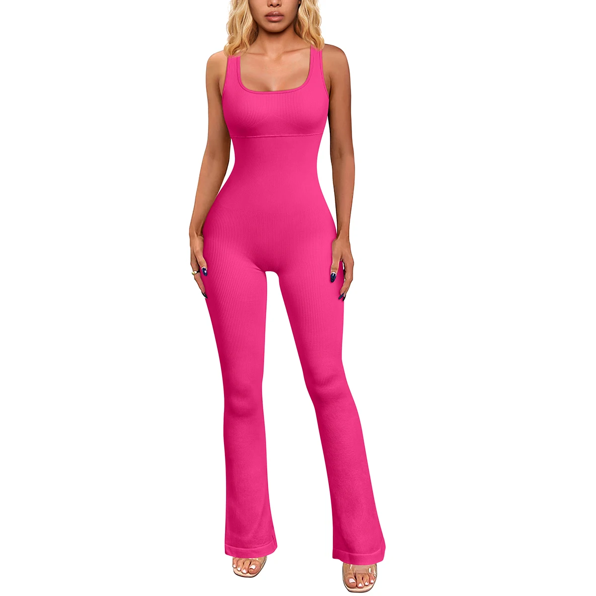 Hot Sale Unique Design Women Yoga Wear Gym One Piece Jumpsuit Bodycon Sleeveless Flared Jumpsuits