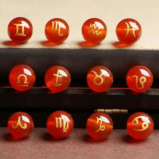 Custom 8mm 10mm Natural Stone Red Carnelian Gilding Carving 12 Constellations Crystal Loose Beads for DIY Jewelry Making