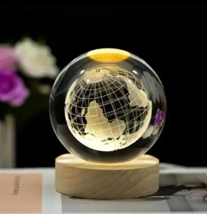 USB Night Light 3d Interior Crystal Ornament Small crystal Ball Luminous Crystal Night Ball With Wood Base