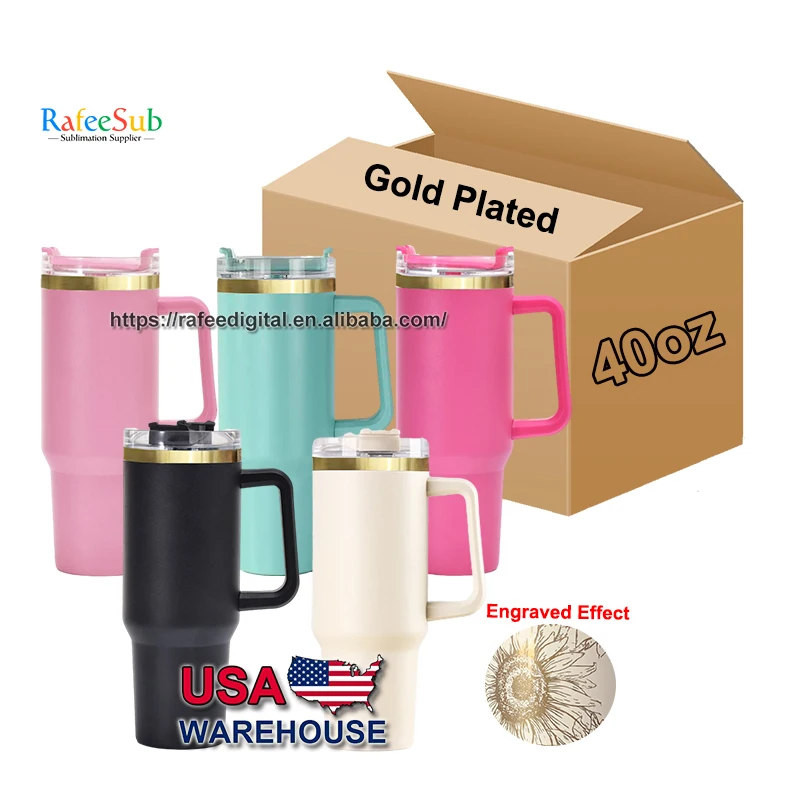 USA Warehouse 40oz 40 oz Powder Coated Black White Cream Laser Engraved Etch to Gold Plated Base Stainless Steel Tumbler Cup