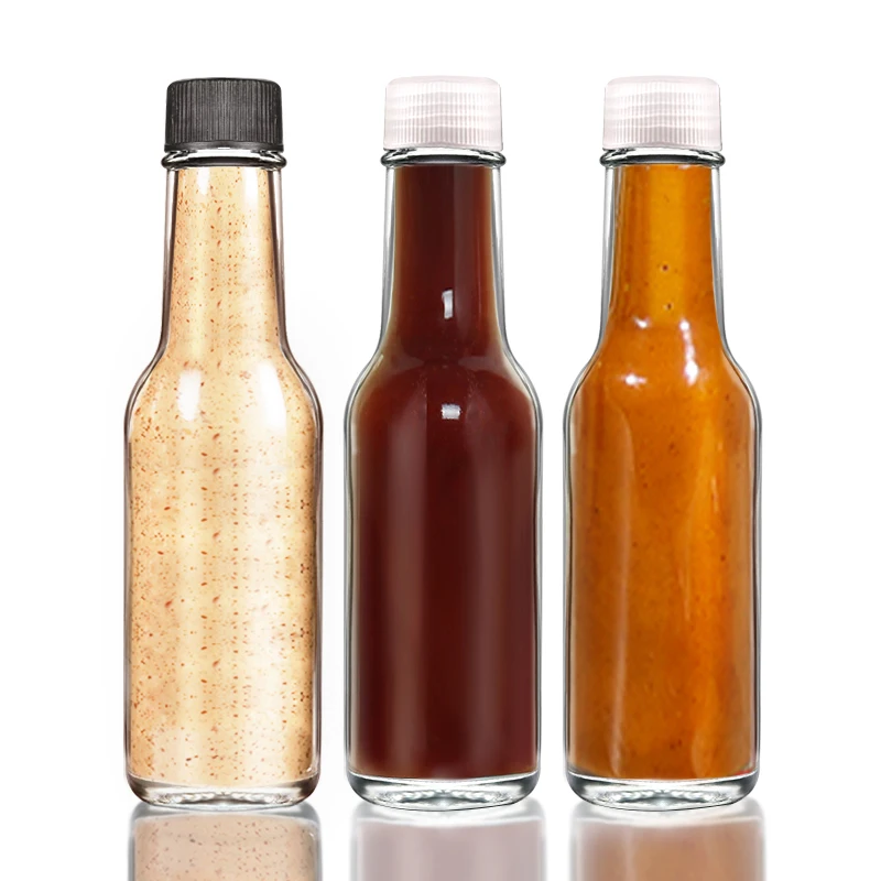 factory directly sell drink 90ml 120ml 150ml hot sauce 250ml round chili dressing woozy glass bottle 5oz with dripper inserts